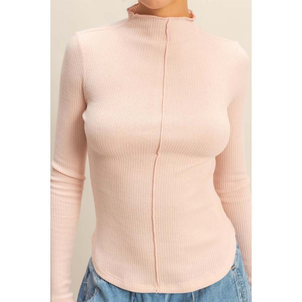 Blush Pink Y2K Ribbed Raw Stitch Long Sleeve Mock Neck Rayon Blend Top